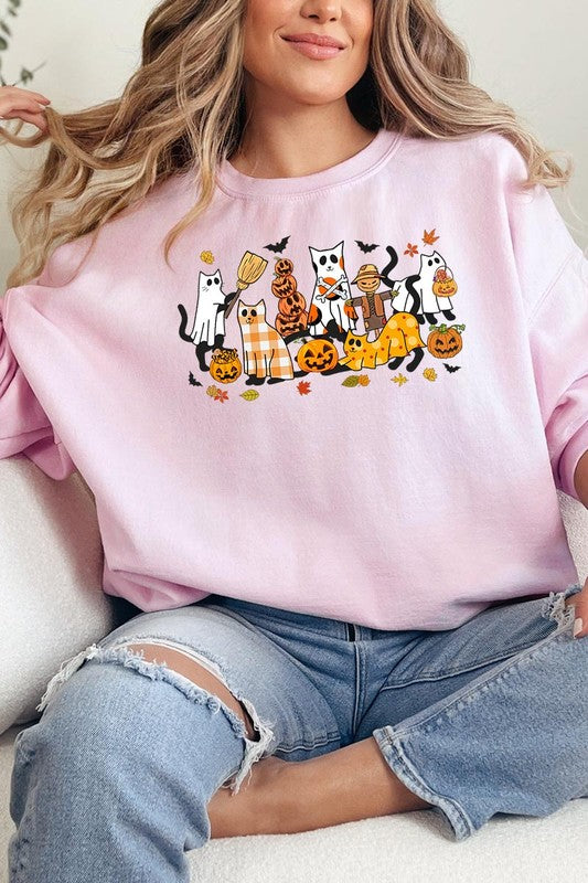 Black Cat Halloween Graphic Fleece Sweatshirt